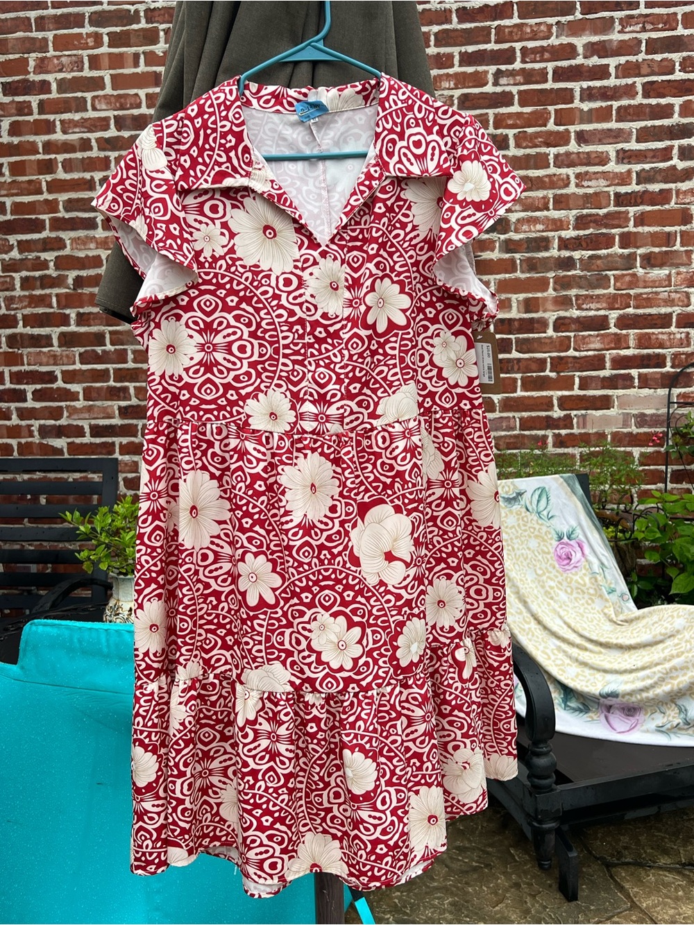Red Floral Short-Sleeve Tiered Dress